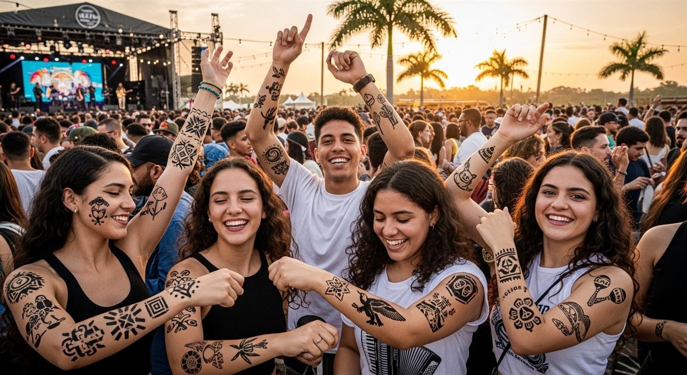 Asistentes de un festival mostrando tatuajes aplicados con aerógrafo y plantilla