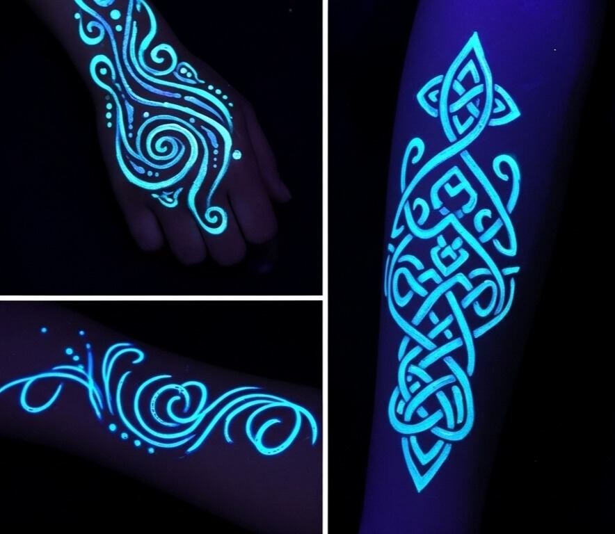 Tatuajes temporales de tinta neón brillando bajo luz ultravioleta